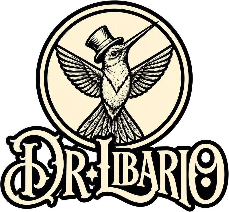 Dr. Libario: logo con un colibrí de galera